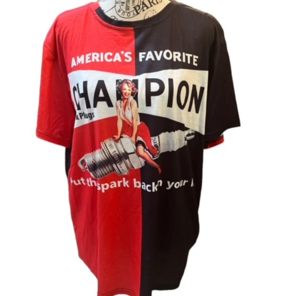 Champion plugs Tee